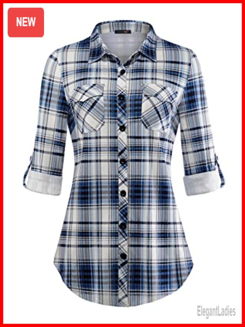 Soft Stretchy Knit Plaid Roll Up Long Sleeve Button Down Collared Blouse Top
